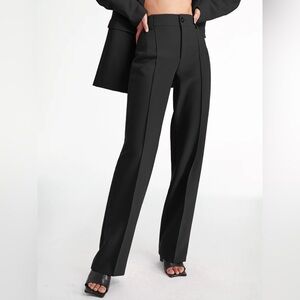 Commense High Waisted Pleat Front Solid Black Straight Leg Trousers M